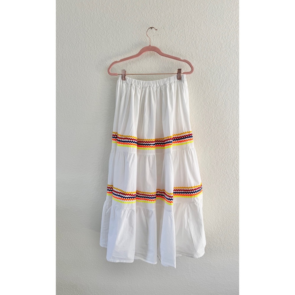 Vintage Tiered Maxi Skirt Womens M White Ric Rac‎ Trim Cotton Boho Prairie Skirt